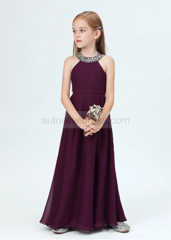 Beaded Halter Purple Chiffon Junior Bridesmaid Dress